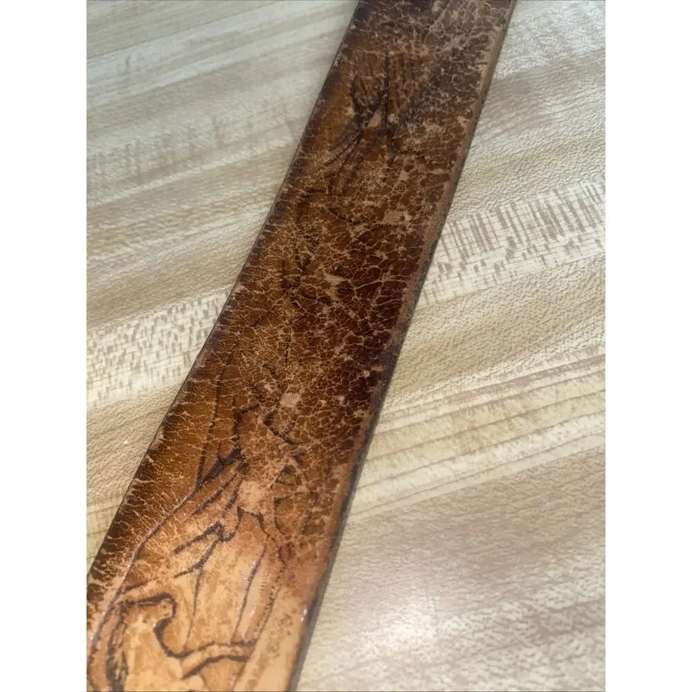Vintage Western Hand Tooled Brown Leather Strap Horse Scene Belt Sz 36 Cowboy